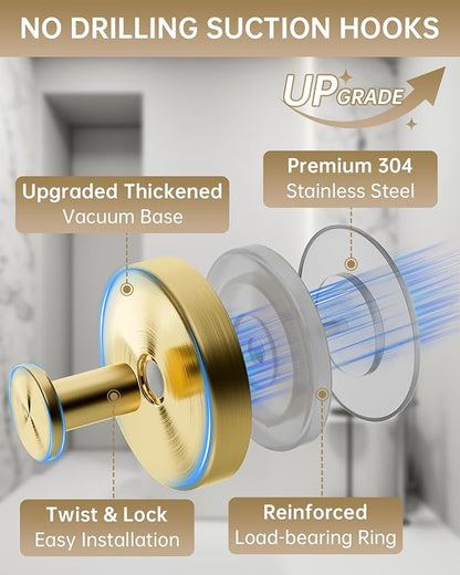 SwanKiss Suction Cup Hooks for Shower, Suction Cup Hooks for Door Wreaths, Robe Towel Hooks Heavy Duty for Bathroom Hanging, Windows, Kitchen, Glass, Mirror, No Drilling, 6 Pack (Gold)