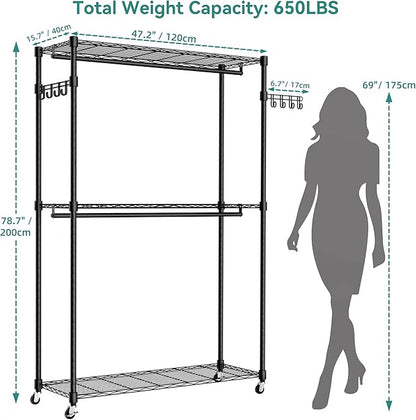 Heavy Duty Rolling Garment Rack, 3 Tiers Wire Shelves Adjustable Freestanding Portable Rolling Clothing Rack with Lockable Wheels, 47.2''L x 15.8''W x 78.8''H, Max Load 650LBS