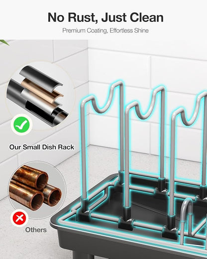 Nfnoyp Small Dish Drying Rack, Carbon Steel Dish Rack Rustproof for Kitchen Counter, Compact Space-Saving Dish Drainer with Adjustable Slots for Small Kitchens & Apartments, 16.5×6.5×7inch, Black