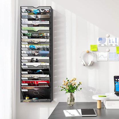 Hanging Wall File Organizer,16-Tier Desk File Mail Holder, Paper Bill Organization For Office Home School, Black