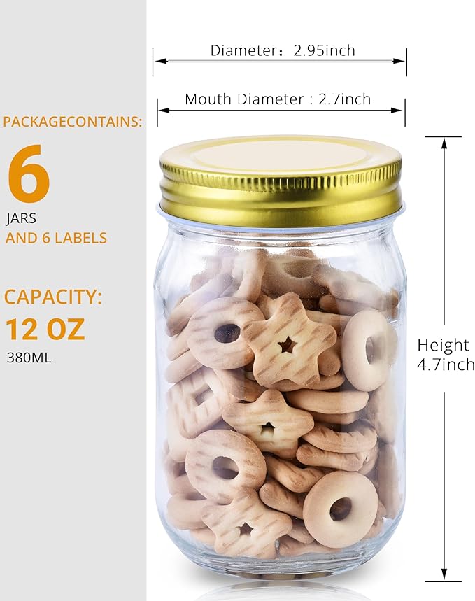 Rainforce Mason Jars 12 oz Regular Mouth 6 Pack – 12 oz Glass Jars with Gold Lids for Canning, Honey, Spices, Candle Making, Pint Storage & Meal Prep – Frascos De Vidrio Con Tapa