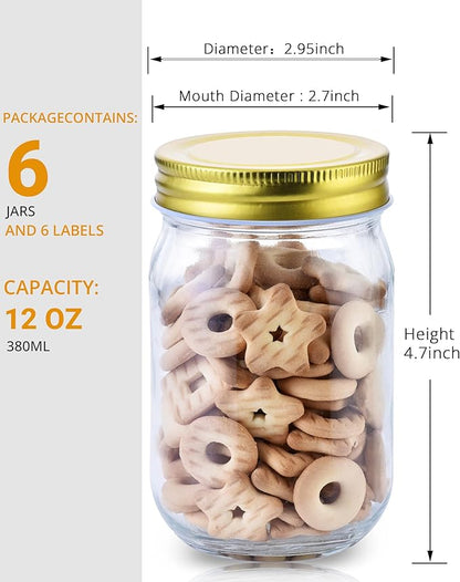 Rainforce Mason Jars 12 oz Regular Mouth 6 Pack – 12 oz Glass Jars with Gold Lids for Canning, Honey, Spices, Candle Making, Pint Storage & Meal Prep – Frascos De Vidrio Con Tapa