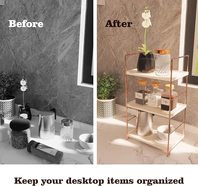 kaileyouxiangongsi Plastic/Metal Freestanding Stackable Organizer Shelf,Bathroom Countertop Storage Shelf Cosmetic Organizer Holder Kitchen Spice Rack,3-Tier Standing Rack (Rose Gold)