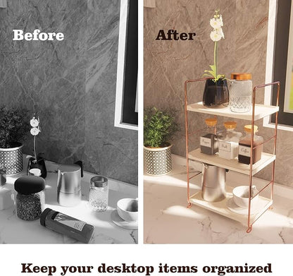 kaileyouxiangongsi Plastic/Metal Freestanding Stackable Organizer Shelf,Bathroom Countertop Storage Shelf Cosmetic Organizer Holder Kitchen Spice Rack,3-Tier Standing Rack (Rose Gold)