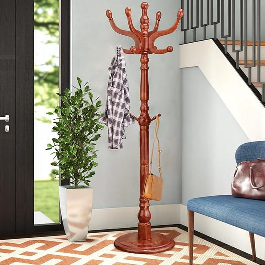Wood Coat Rack, Heavy Duty Coat Rack Freestanding with 11 Smooth Hooks, Vintage Coat Tree, Clothes Hanger Stand with Stable Disc Base for Entryway, Bedroom (Light Brown)