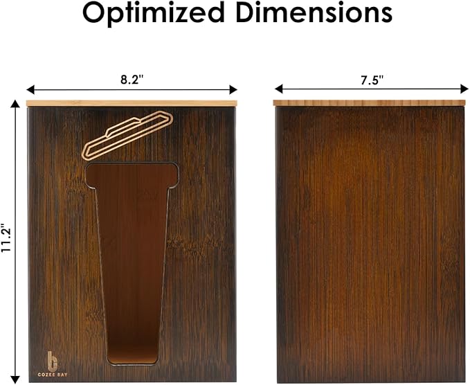 Cozee Bay Bamboo Trash Bag Dispenser with Lid, Trash Bag Holder Organizer, Garbage Bag Dispenser for Kitchen Countertop, Under Sink and Wall Mount - Extra Large (Vintage Brown)