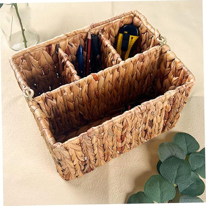 Woven Straw Storage Basket for Kitchen Home Decor Utensil Organizer Multi-compartment Cutlery Holder Folding Handle Natural Style