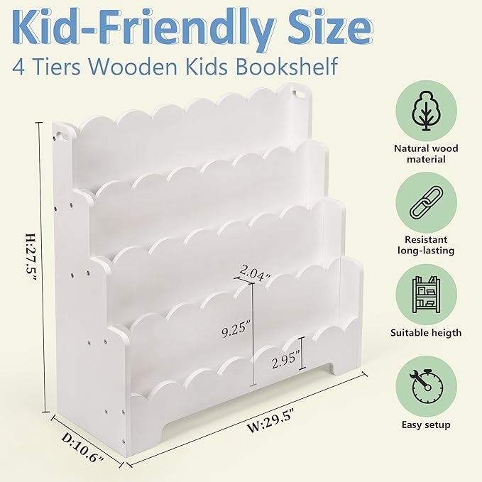 Kids Bookshelf Wooden 4-Tier, Scalloped Book Shelf for Kids Rooms, Front Facing Toddler Montessori Bookshelf, Baby Nursery Book Shelves Kid Classroom Book Shelf Bookcase