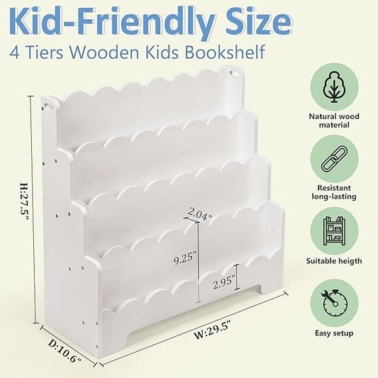 Kids Bookshelf Wooden 4-Tier, Scalloped Book Shelf for Kids Rooms, Front Facing Toddler Montessori Bookshelf, Baby Nursery Book Shelves Kid Classroom Book Shelf Bookcase