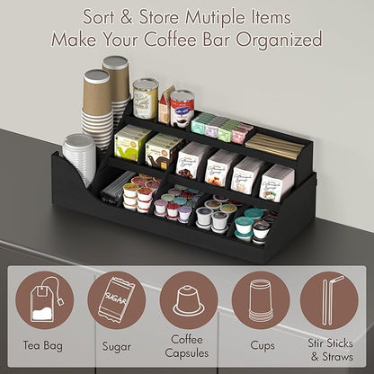 Suli Exact Large Coffee Station Organizer,Wooden Countertop Pods Holder with Drawer,Storage for Condiment Syrup Tea Cups,Rustic Bar Decor for Accessories Organizer (3 Tiers 18 Compartments)-Black
