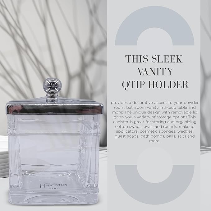 Indecor Home Apothecary Glass Cotton Jar Holder Silver Stainless Steel Lid, Elegant Bathroom Storage Canister for Qtips, Cotton Balls, Floss, Makeup Organizer, Vanity Bathroom Organization