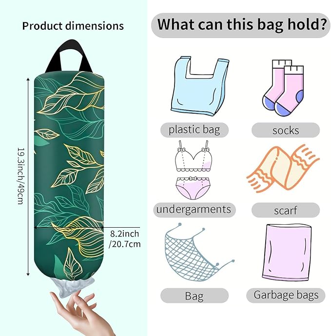 Plastic Bag Holder, Wall Mount Grocery Bag Organizer, Funny Hanging Trash Bag Storage Dispenser for Home Kitchen Cute Green Leaf