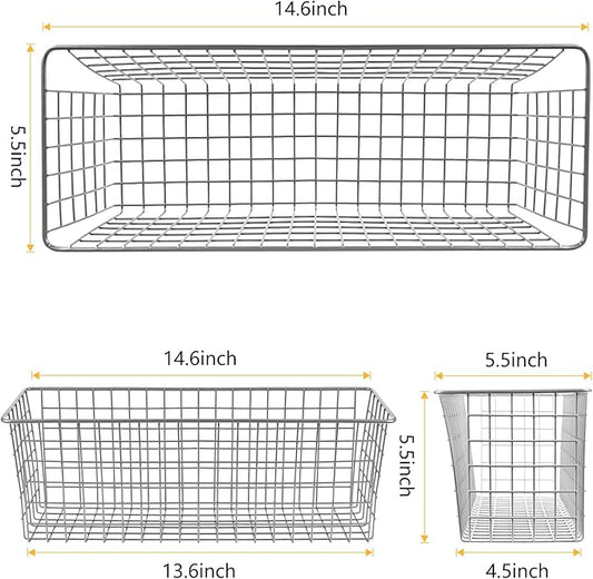2 Sets Extra Large Hanging Wall Basket, Grey Metal Wire Baskets with Steel Hooks for Organizing, WallmountedFruit Vegetable Toy Snack Storage, Home Kitchen Bathroom Laundry Pantry Organizer