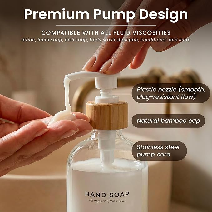 Maisonovo Glass Soap Dispenser Bathroom Set | Hand Soap and Dish Soap Dispenser Set | 16.9oz Clear Bottles with White Bamboo Pump | Bathroom Lotion Dispenser with Pump Set of 2