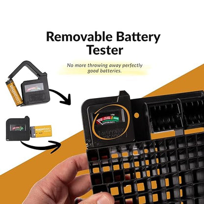 Bee Neat Battery Organizer and Storage Case with Tester - Battery Storage Box for Wall or Drawer - New & Improved Slanted Slot Design - Max. 117 Batteries AA, AAA, 9Volt, C, D & Button Batteries
