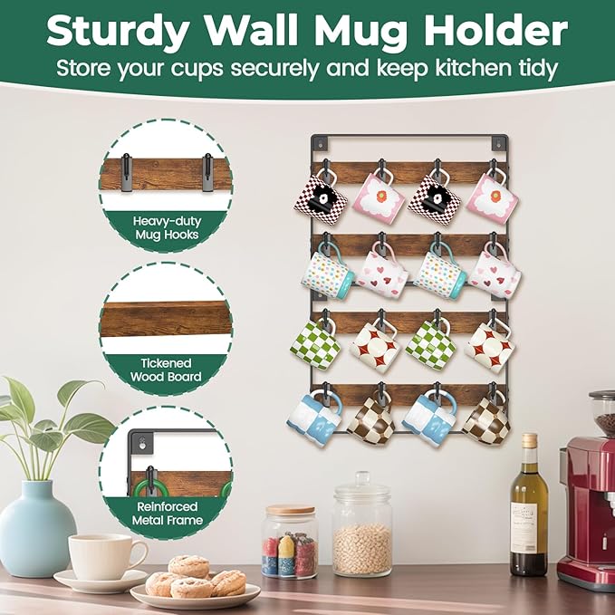 EsLuker.ly Mug Holder Hanger Rack Wall Mounted Wooden 2 Pack Coffee Cup Storage Organizer Display Shelf with 16 Movable Plastic Hooks, Ideal for Mug Collectors