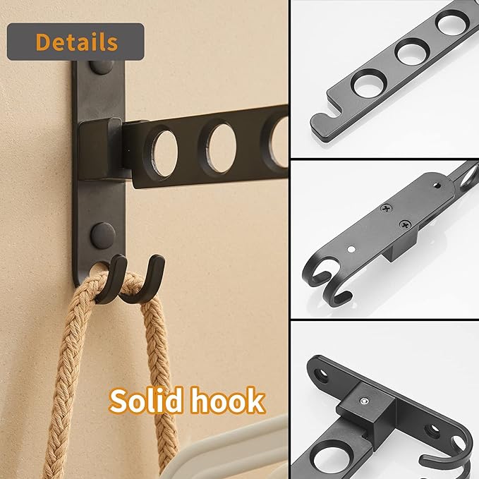 JOOM Retractable Folding Wall Hanger Folding Clothes Hanger Rack Clothes Storage Organizer Laundry Hanger Sturdy Hanging Dryer Rack Clothes Hooks of Metal（Matte Black，Two Pack）