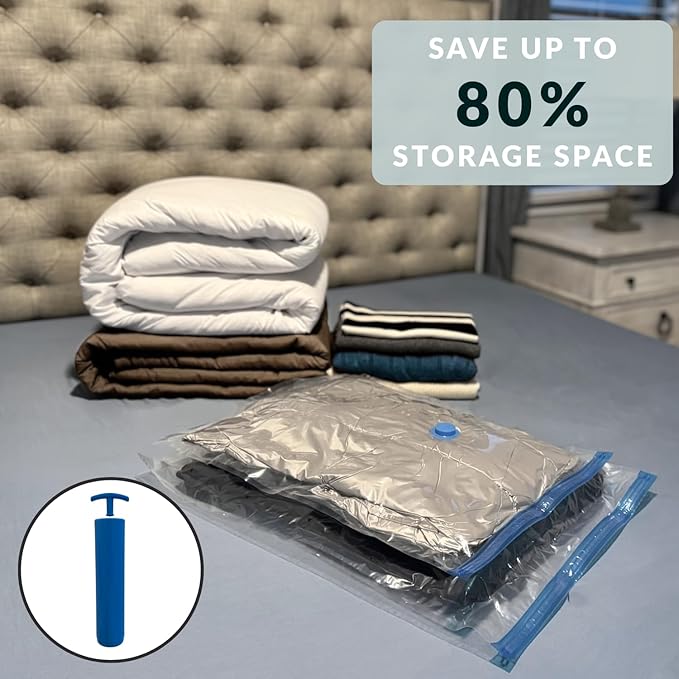 4 Mega Jumbo XXL Vacuum Storage Bags with Pump (47x35in), Supersized Compression Space Saver for Comforter, duvet, Bedding, Blanket storage, Vacuum Seal Bags for Clothing, Stuffed Toy, Cushions