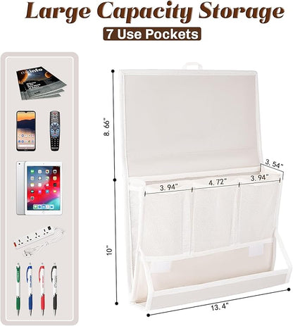 Retyion Bedside Caddy Bedside Storage Organizer Bedside Organizer with Power Strip Holder and 2 Adjustable Straps for Home Bunk Bed College Dorm Sofa (White)