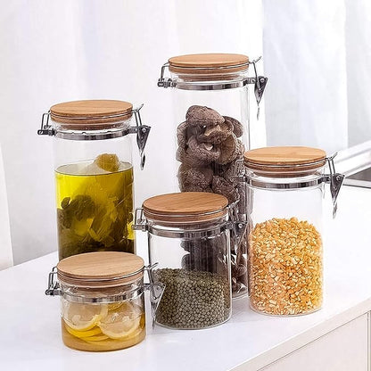 Le'raze Set of 5 Borosilicate Glass Food Storage Canisters with Airtight Bamboo Clamp Lid, Kitchen Bathroom and Pantry Organization Containers, Cookie Jars for Flour