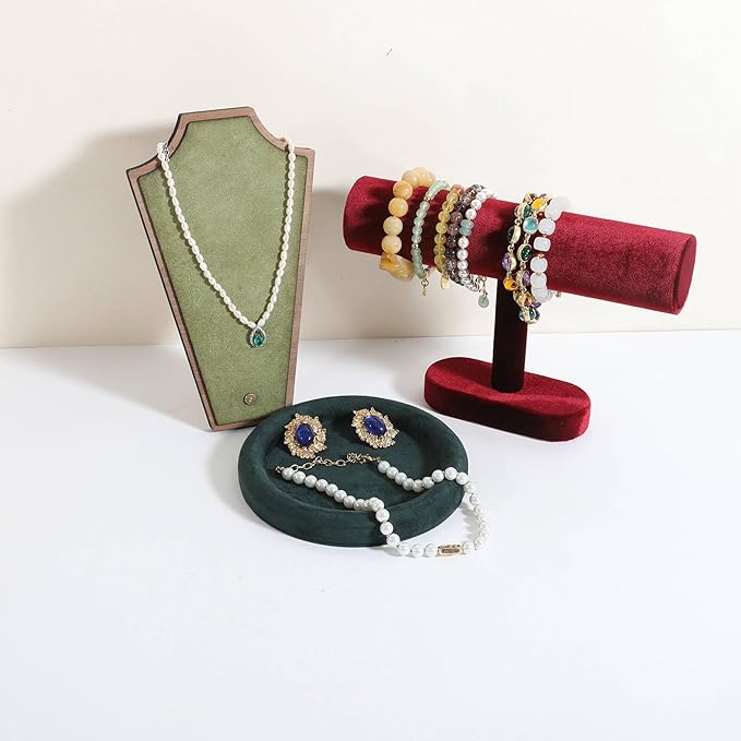 GemeShou Round Jewelry Organizer Plate, Top Microfiber Velvet Jewelry Display Tray, Empty Jewelry Showcase Tray for Necklaces, Bracelets, Rings, Earrings (Green-Small, 5.9 x 5.9 in)