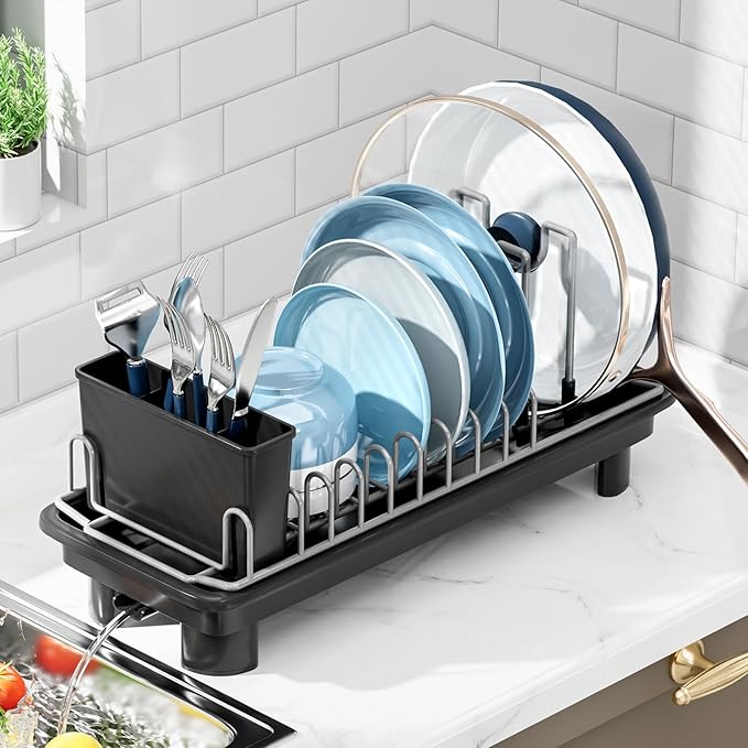 SOVGIZF Compact Dish Drying Rack with Utensil Holder – Small Countertop Dish Drainer with 360° Rotating Drain Spout, Stainless Steel Dish Rack for Kitchen Sink, Space-Saving Design for Small Kitchen