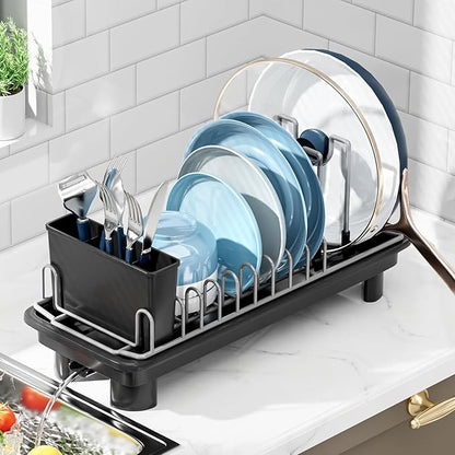 SOVGIZF Compact Dish Drying Rack with Utensil Holder – Small Countertop Dish Drainer with 360° Rotating Drain Spout, Stainless Steel Dish Rack for Kitchen Sink, Space-Saving Design for Small Kitchen