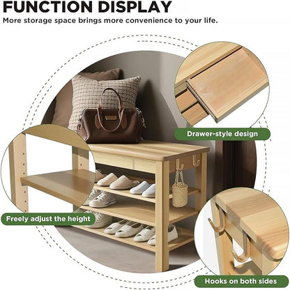 Shoe Storage Bench Wood Entryway: Shoe Rack Bench with Drawer 3-Tiers Height Adjustable,Rustic Wooden Organizer for Front Door Entrance Hallway Living Room,Mudrooms (Natural 3-Tiers, 31.5)