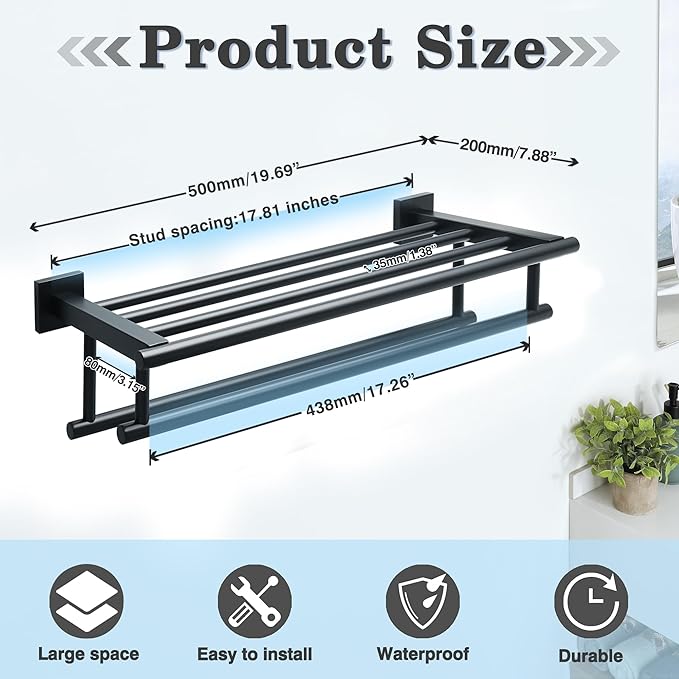 Alise 20 Inch Towel Rack for Bathroom Wall Mount,Black Double Towel Bars with Shelf,SUS 304 Stainless Steel Bathroom Towel Holder Towel Hanger for Bathroom Walls,Matte Black
