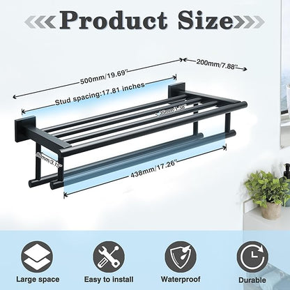 Alise 20 Inch Towel Rack for Bathroom Wall Mount,Black Double Towel Bars with Shelf,SUS 304 Stainless Steel Bathroom Towel Holder Towel Hanger for Bathroom Walls,Matte Black