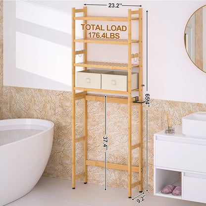 Cozivolife Over The Toilet Storage with 2 Baskets, 4-Tier Bamboo Organizer Rack with Paper Holder & 4 Hooks & Waterproof Feet Pad,Freestanding Shelf for Bathroom(Natural)