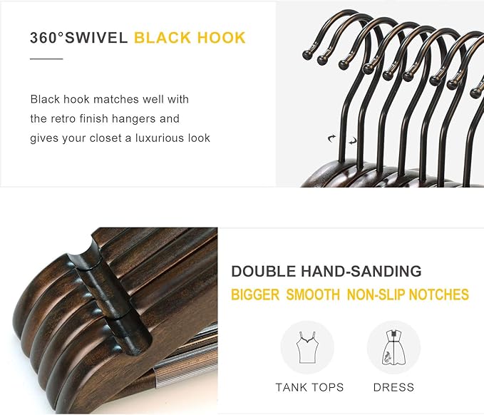 TOPIA HANGER Heavy Duty Wood Coat Hangers in Smooth Retro Finish, Boutique Quality Wooden Suit Hangers-Thicker Non-Slip Rubber Pants Bar and Extra Smoothly Cut Notches-360° Black Hook-18 Pack CT04A