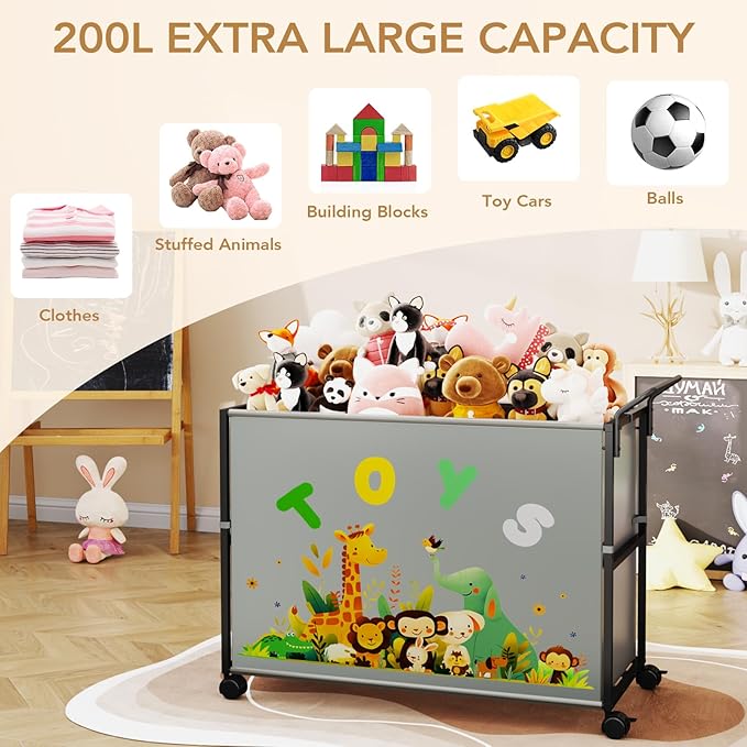 BBLIKE Toy Box for Kids - 200L Extra Large Toy Chest Storage with Wheels for Boys and Girls, Toy Organizer Bin for Stuffed Animals, Toy Basket for Bedroom, Nursery, Living Room, Playroom, Gray