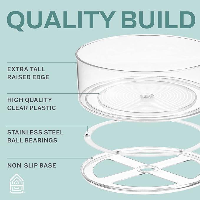 Home Intuition Round Plastic Clear Lazy Susan Turntable Food Storage Container for Kitchen (9" Round, 2 Pack)