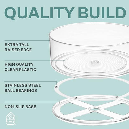 Home Intuition Round Plastic Clear Lazy Susan Turntable Food Storage Container for Kitchen (9" Round, 2 Pack)