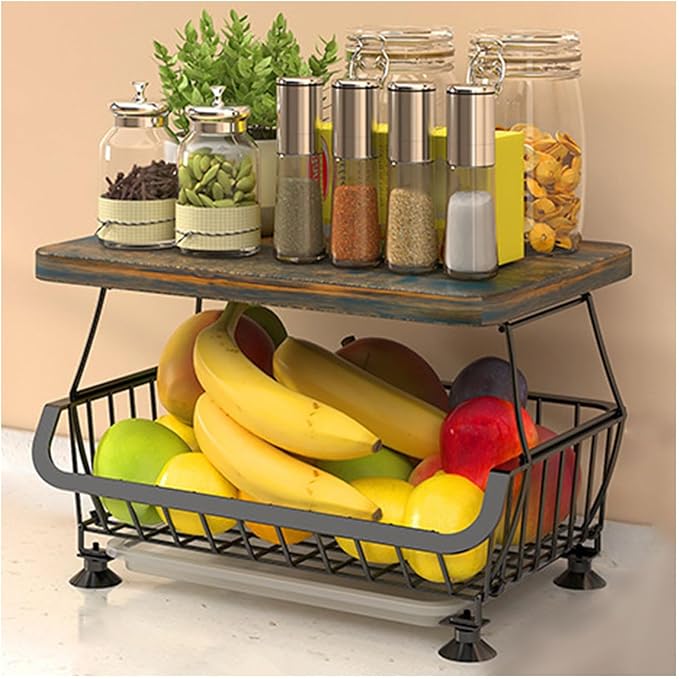 Dcxcaicc 2 Tier Stackable Fruit Vegetable Storage Baskets with Wheels,Wire Hanging Baske Stand for Kitchen Organizer, Fruit Basket for Kitchen,Pantry,Bathroom