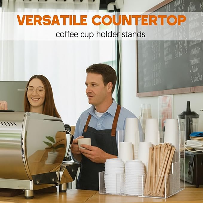 Acrylic Vertical Coffee Cup and Lid Dispenser, Coffee Condiment Organizer, 9 Compartment for Disposable Paper & Plastic Cup, for Cabinet Station Home Countertop Bar 13''l x 13''w x 12''h
