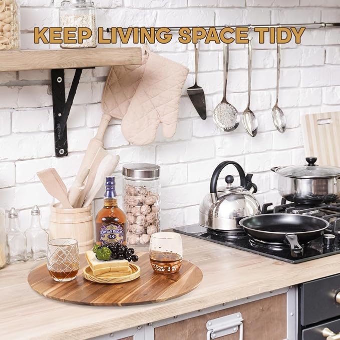 18" Acacia Wood Turntable Organizer | Lazy Susan for Table Top, Cabinet or Pantry | Wooden Rotating Tray for Kitchen Countertop, Durable, Easy to Clean, No Assembly Needed
