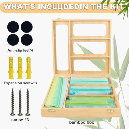 Bamboo Food Bag Organizer for Kitchen Drawer, a bamboo 4 slots - made dispenser container for plastic bags.Suitable for Gallon Quart Sandwich & Snack Variety Size Bag
