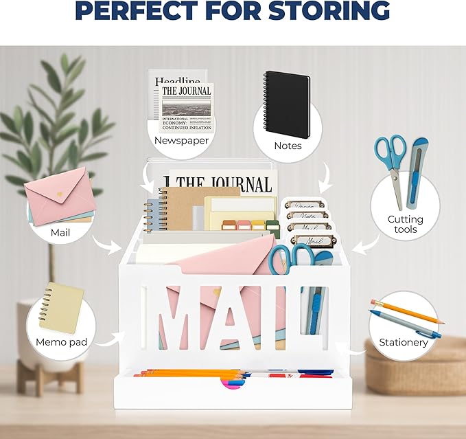 Mail Organizer Countertop – White Holder for Desk with 4 Slots, Drawer & Label Tags, Decorative Desktop Sorter, Envelope Tray for Home Office Organization (11x7x9.5 in)