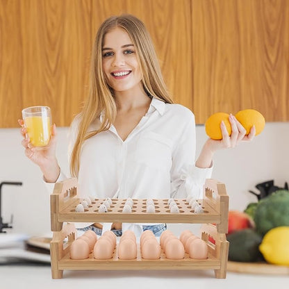 Bamboo Egg Holder 24 Pcs Eggs Rack Countertop Storage, Surface Paint & Handle Design for Kitchen Fresh Egg Holder Countertop and Fridge Egg Organizer