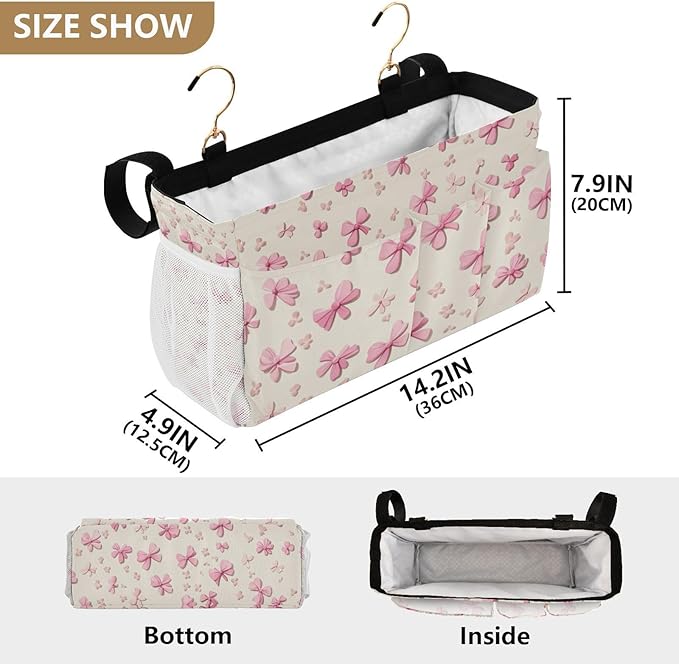 CuwrYet Bedside Caddy Hanging Bunk Bed Caddy Bed Organizer Hanging Pocket with 2 Hooks Bedside Storage Organizer Pocket Bag Holder Pink Cute Bow