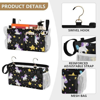 CuwrYet Bedside Caddy Hanging Bunk Bed Caddy Bed Organizer Hanging Pocket with 2 Hooks Bedside Storage Organizer Pocket Bag Holder Cute Unicorns Hearts Black