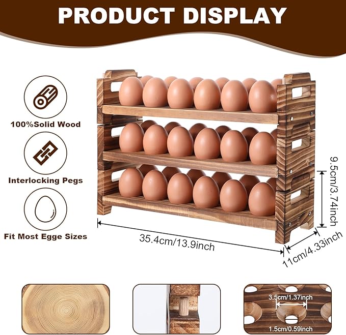 Egg Holder Countertop, 3-Tire Solid Wooden Egg Holder, Stackable Egg Storage Basket Holding Up to 36 Fresh Eggs, Chicken, Duck Eggs - Unfinished