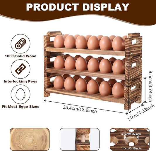 Egg Holder Countertop, 3-Tire Solid Wooden Egg Holder, Stackable Egg Storage Basket Holding Up to 36 Fresh Eggs, Chicken, Duck Eggs - Unfinished