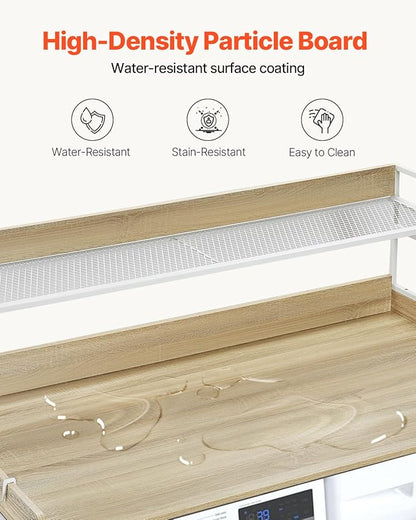 VEVOR Washer Dryer Countertop with 2-Tier Shelf, 54" x 27" Wooden Washer and Dryer Countertop with Anti-Slip Pads, Water-Resistant Laundry Topper Cover for Laundry Room Organization and Storage, Oak