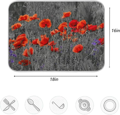 ZzWwR Beautiful Meadow Red Poppy Flowers Absorbent Dish Drying Mat Microfiber Kitchen Countertop Table Protector Multi-Purpose Counter Rack Sink Drainer Pad (16" x 18")