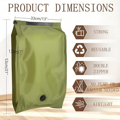 Reusable Fabric Vacuum Seal Bags for Clothing – Compression Travel Essentials with No Pump – Manual Exhaust,Tear-Resistant Oxford Cloth for Luggage,Closet & Packing Organization (Military Green-1S)