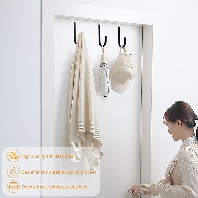 Manesi Over The Door Hooks, Soft Rubber Prevent Scratches Door Hangers Hooks for Bathroom, Living Room, Bedroom, and Kitchen Hanging Clothes, Towels, Shoe Bag, Hats, Coats, Bags, etc. (Black, 4 Pack)