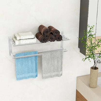 Towel Racks for Bathroom 24 Inch, 2 Tier Towel Shelf with Double Towel Bar, Stainless Steel Bath Towel Rack Wall Mounted, Towel Holder Towel Storage Rack for Bathroom, Brushed Nickel